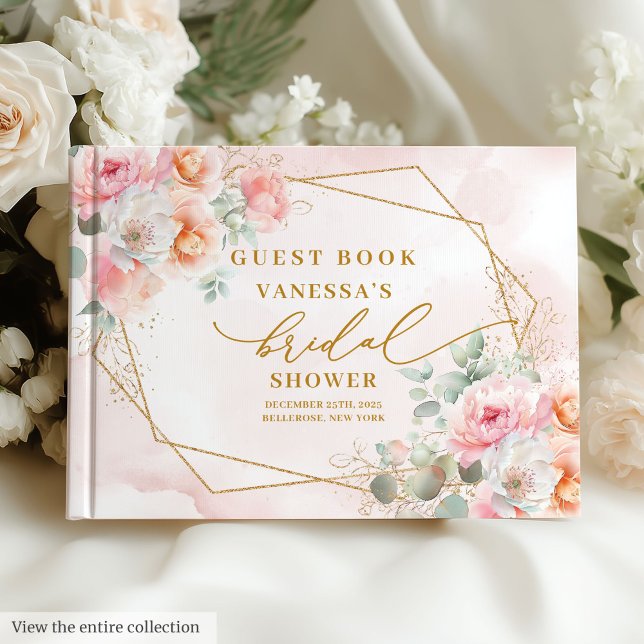 Luxury Boho Blush Pink Gold Floral Bridal Shower Guest Book (Luxury Boho Blush Gold Floral Bridal Shower Guest Book)