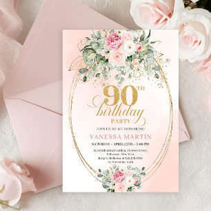 Luxury Boho Blush Rose Greenery Gold 90th Birthday Invitation