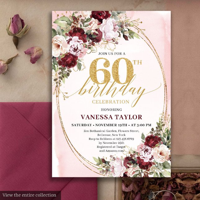 Luxury Boho Burgundy Gold Floral 60th Birthday  Invitation (Luxury Boho Burgundy Gold Floral 60th Birthday)