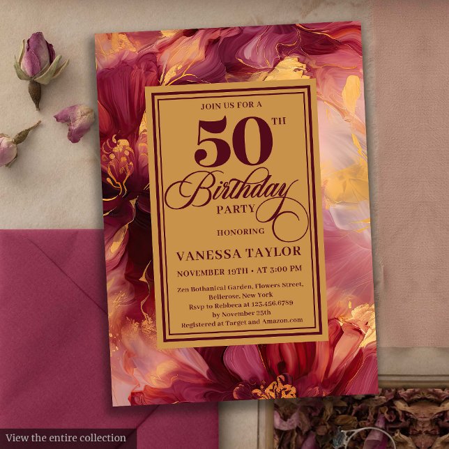 Luxury Boho Burgundy Gold Flowers 50th Birthday  Invitation (Luxury Boho Burgundy Gold Flowers 50th Birthday Invite)