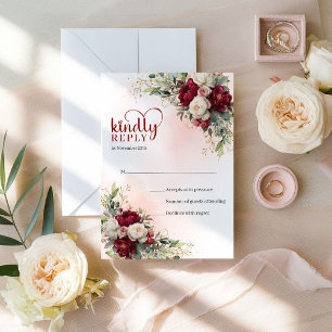Luxury Boho Burgundy White Flowers Gold Wedding  RSVP Card