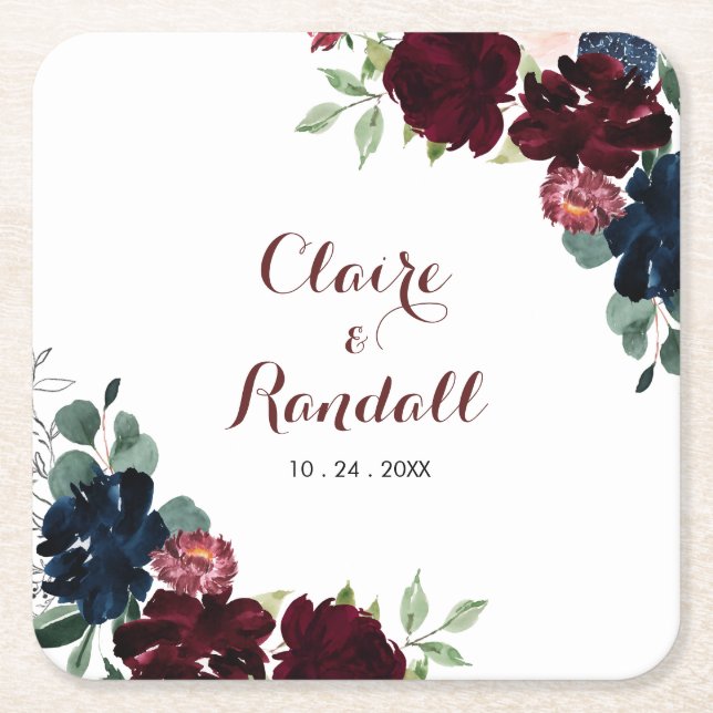 Luxury Boho Colourful Floral Wedding  Square Paper Coaster (Front)
