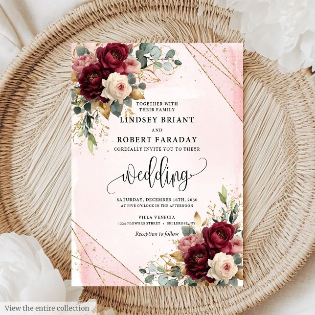 Luxury Boho Dark Red White Gold Roses Wedding  Invitation (Luxury Boho Dark Red White Gold Roses Wedding Invitation)