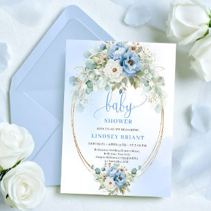 Luxury Boho Dusty Blue Greenery Gold Baby Shower Invitation