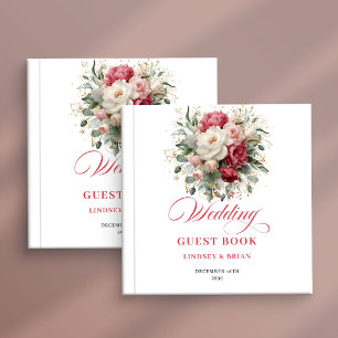 Luxury Boho Floral Red White Wedding Guest Book