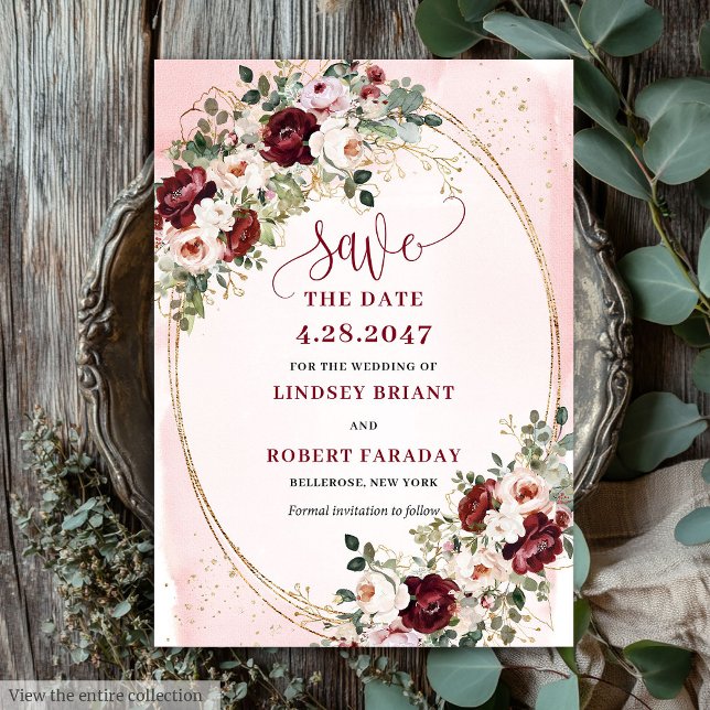 Luxury Boho Maroon Blush Gold Roses Save Date Invitation (Luxury Boho Maroon Blush Gold Roses Save Date)
