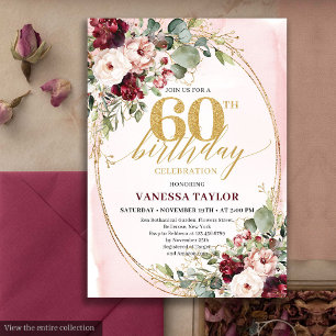 Luxury Boho Maroon Gold Floral 60th Birthday Card