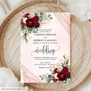 Luxury Boho Merlot Gold Blush Roses Wedding Invite