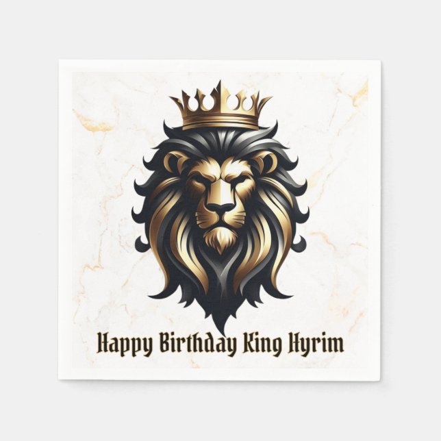 Luxury Bold Black and Gold Lion with Crown Napkin (Front)