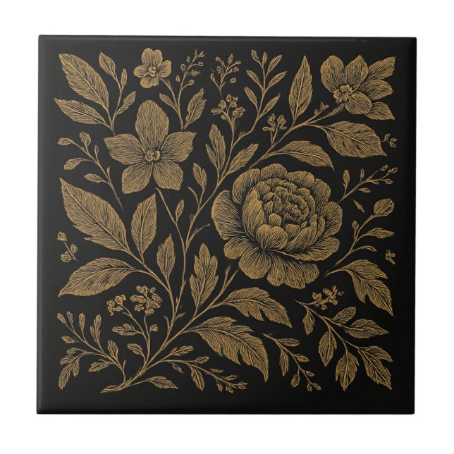 Luxury Botanical Noir Gold on Black Ceramic Tile (Front)