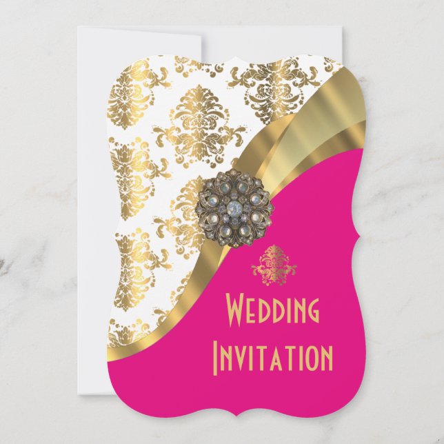Luxury bright pink and gold damask wedding invitation (Back)