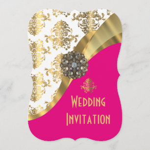 Luxury bright pink and gold damask wedding invitation