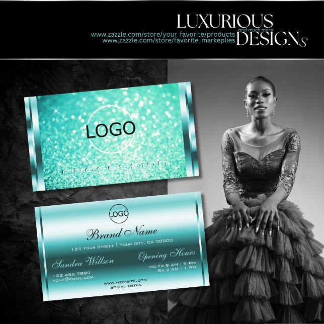 Luxury Bright Teal Glitter Luminous Stars and Logo Business Card (Creator Uploaded)