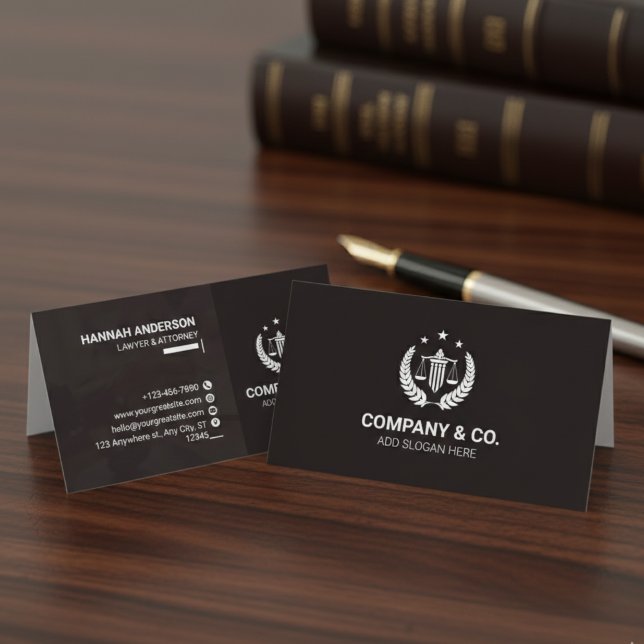 Luxury Brown and White Leather Look Attorney  Business Card (Luxury Navy Leather Look Attorney Business Card with Logo)