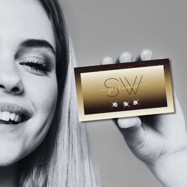 Luxury Brown Beige Ombre Sparkle Diamonds Initials Business Card (Creator Uploaded)