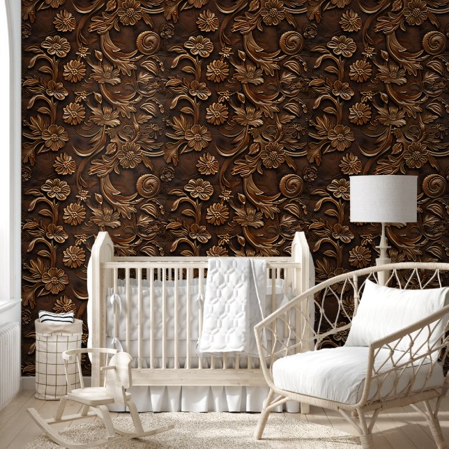 Luxury Brown Chic Western Carving Floral Pattern Wallpaper (Kids)