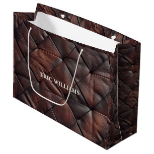 Luxury Brown Quilted Leather Diamond Texture Large Gift Bag