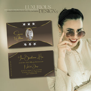 Luxury Brown with Gold Decor Diamonds and Photo Business Card