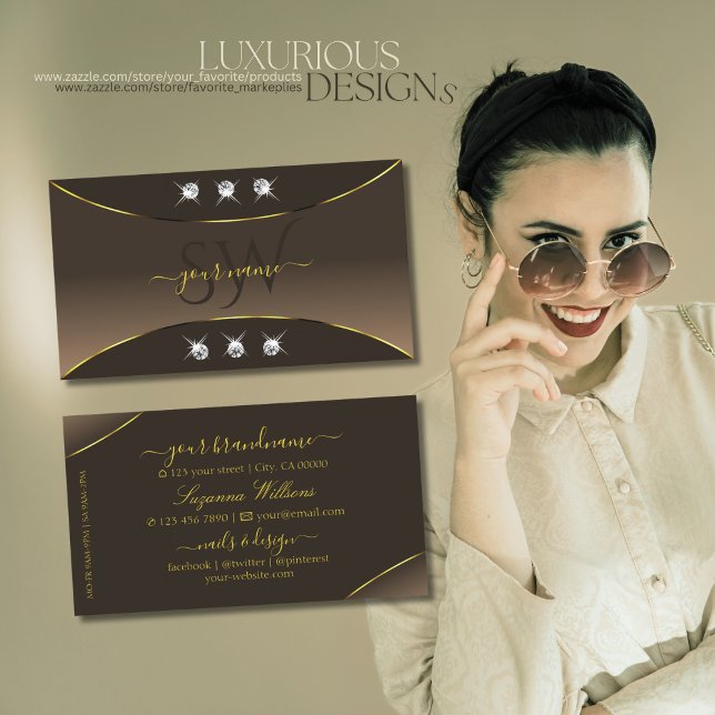 Luxury Brown with Gold Ornate Diamonds Monogram Business Card (Creator Uploaded)