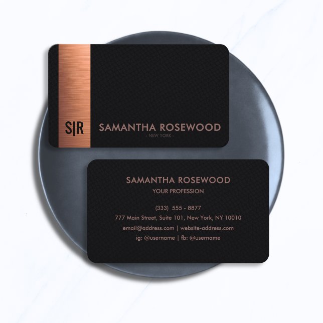 Luxury Brushed Copper & Black Leather Monogram  Business Card (Creator Uploaded)