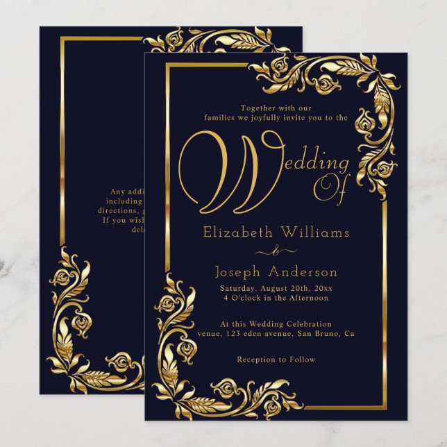 Luxury Budget Gold Floral Frame Golden Wedding Invitation (Front/Back)