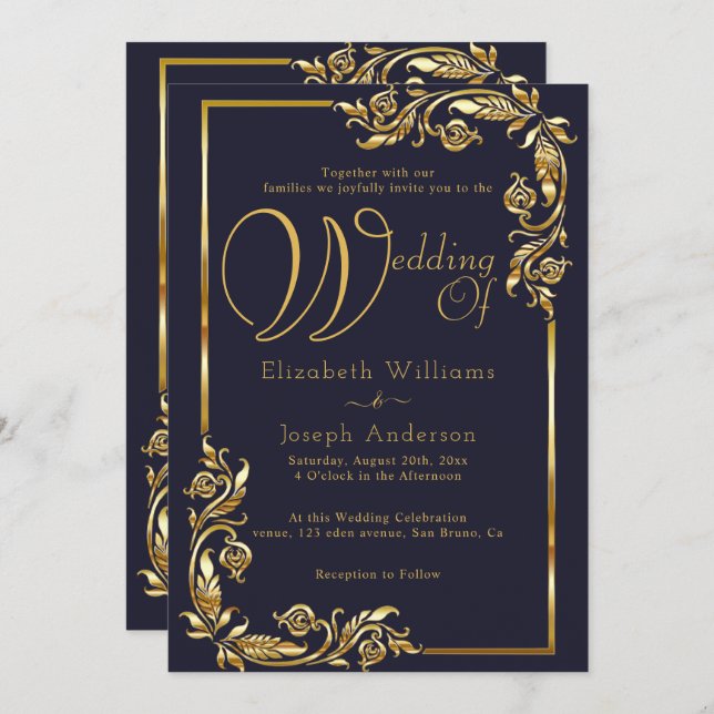 Luxury Budget Gold Floral Frame Golden Wedding Invitation (Front/Back)