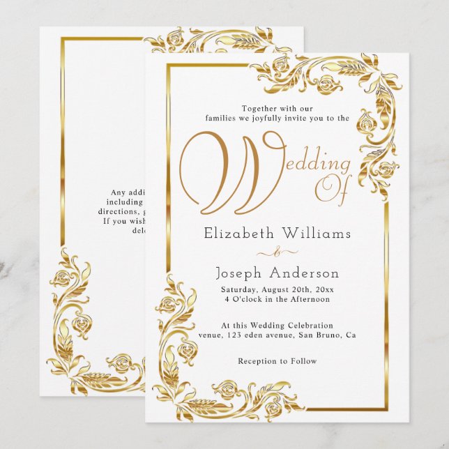 Luxury Budget Gold Floral Frame Golden Wedding Invitation (Front/Back)