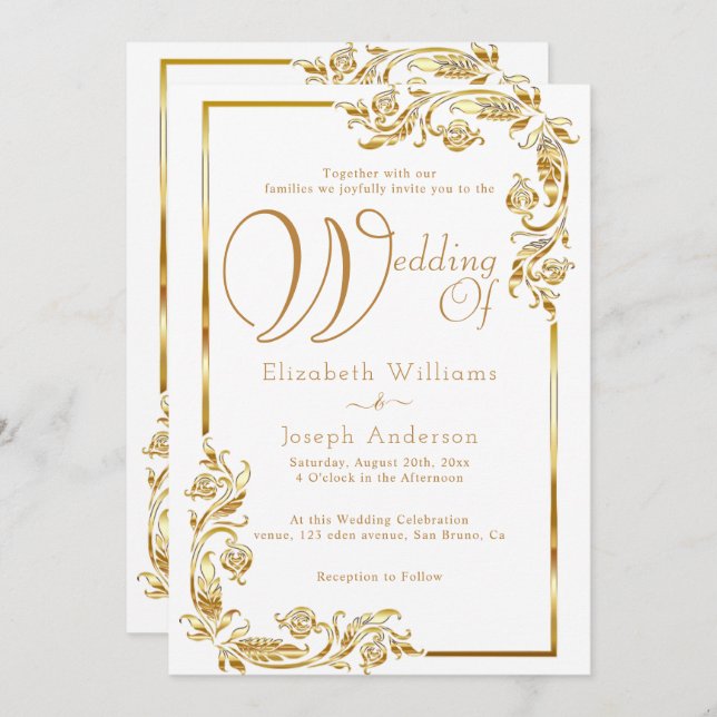 Luxury Budget Gold Floral Frame Golden Wedding Invitation (Front/Back)