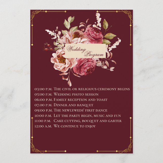 Luxury Burgundy and Gold Floral Wedding Program Programme (Front)