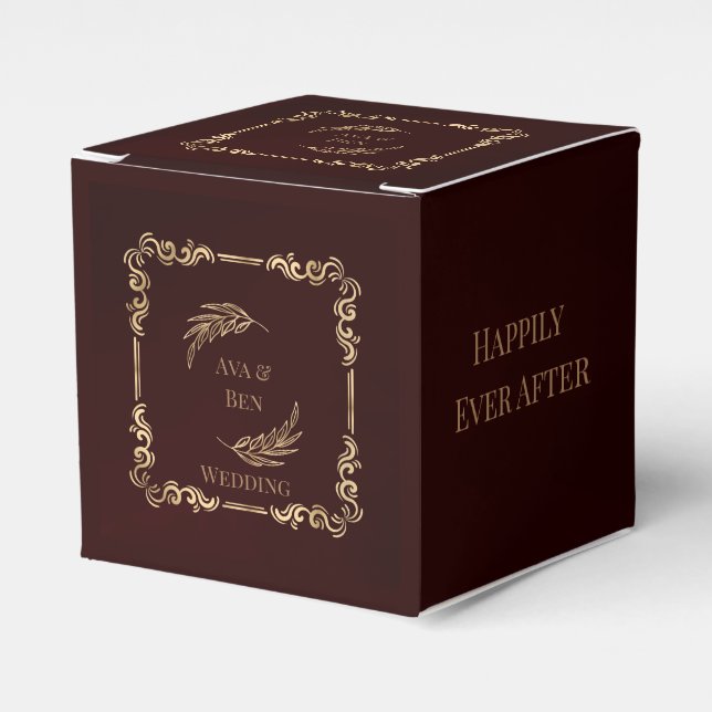 Luxury Burgundy and Gold Flourishes Wedding Favour Box (Front Side)