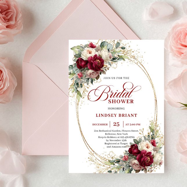 Luxury Burgundy and White Floral Bridal Shower  Invitation (Luxury Burgundy and White Floral Bridal Shower Invite)