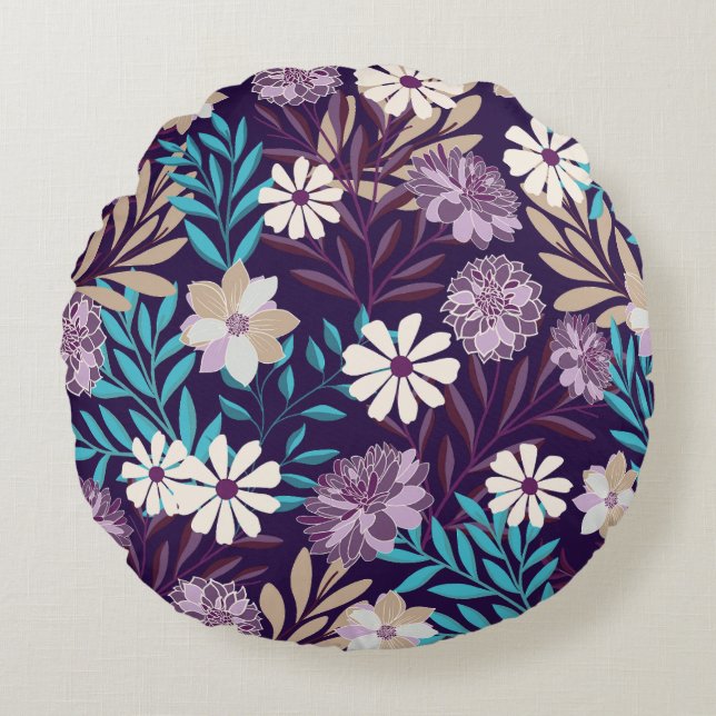 Luxury Burgundy & Blue Garden Round Pillow (Front)