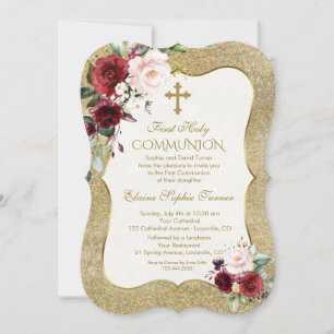 Luxury Burgundy Blush Floral Gold First Communion Invitation