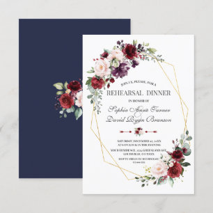Luxury Burgundy Blush Floral Gold Rehearsal Dinner Invitation