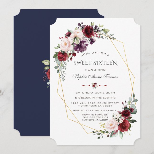 Luxury Burgundy Blush Floral Gold Sweet Sixteen Invitation (Front/Back)
