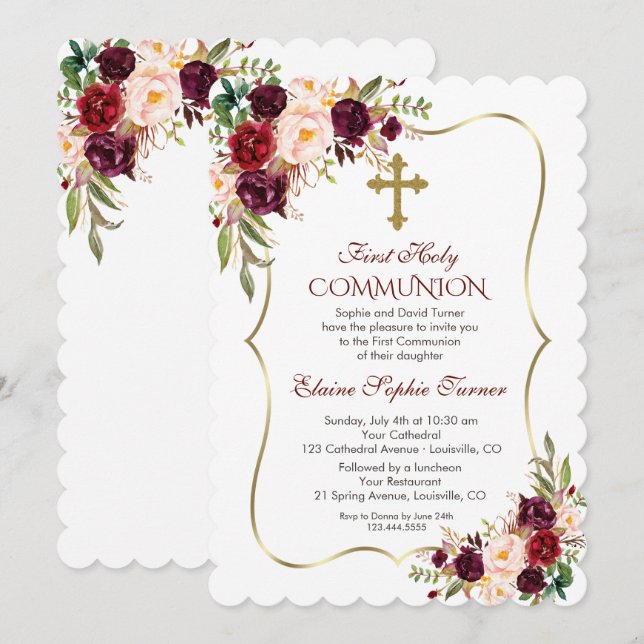 Luxury Burgundy Blush Floral Holy Communion Invitation (Front/Back)