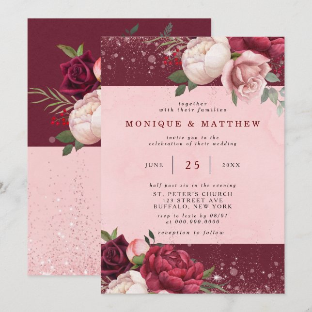 Luxury Burgundy Blush Pink Glitter Peony Wedding Invitation (Front/Back)