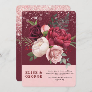 Luxury Burgundy Blush Pink Peony Glitter Wedding Invitation