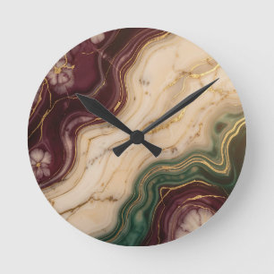Luxury Burgundy Emerald Green Gold Marble Floral Round Clock