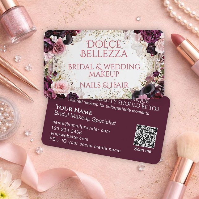 Luxury Burgundy Floral Bridal Makeup Artist Business Card (Creator Uploaded)