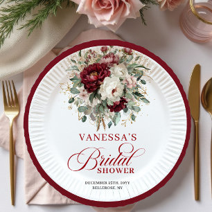 Luxury Burgundy Floral Bridal Shower Paper Plates