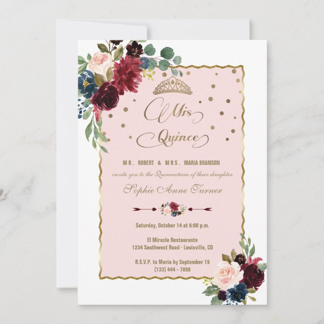 Luxury Burgundy Floral Gold Mis Quince Quinceañera Invitation (Front)