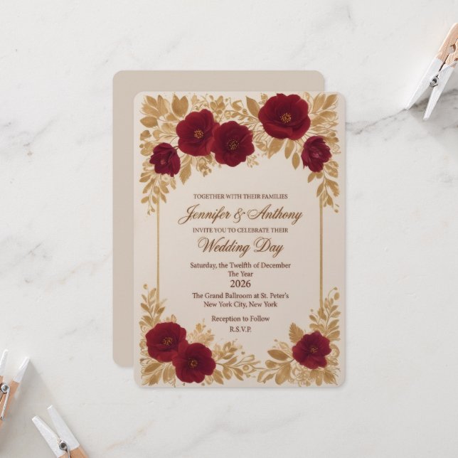 Luxury Burgundy Floral Wedding Invitation Template (Front/Back In Situ)
