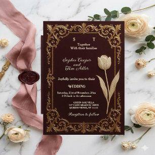 Luxury Burgundy Gold Baroque Tulip Ivory Wedding  Invitation