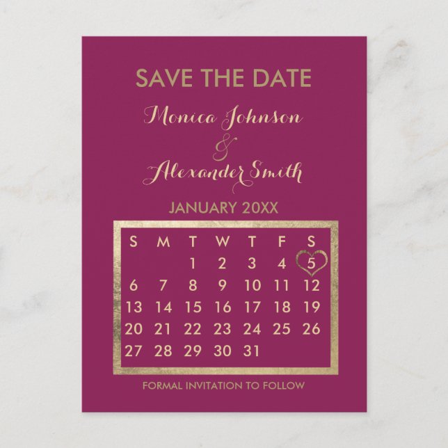 Luxury Burgundy Gold Calendar Save the Date Announcement Postcard (Front)