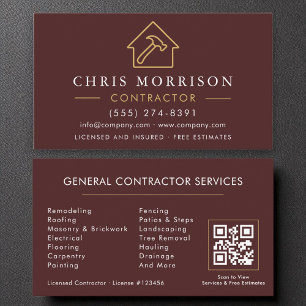 Luxury Burgundy Gold Construction Modern QR Code Business Card