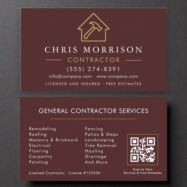 Luxury Burgundy Gold Construction Modern QR Code Business Card (Creator Uploaded)