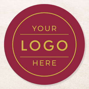 Luxury Burgundy Gold Custom Business Logo Round Paper Coaster