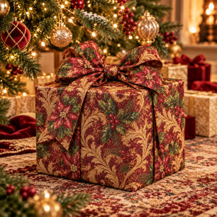 Luxury Burgundy Gold Damask Christmas Wrapping Pap Paper