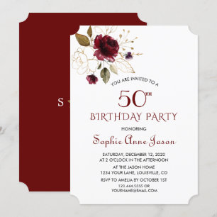 Luxury Burgundy Gold Floral 50th Birthday Monogram Invitation
